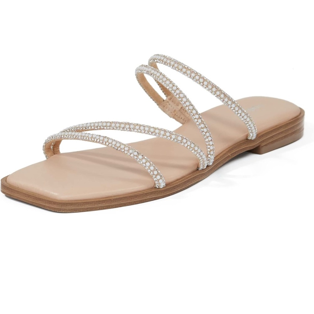 Chic Tan Pearl/Crystal-Embellished Sandals